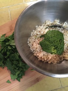 preparing vegan pesto rice